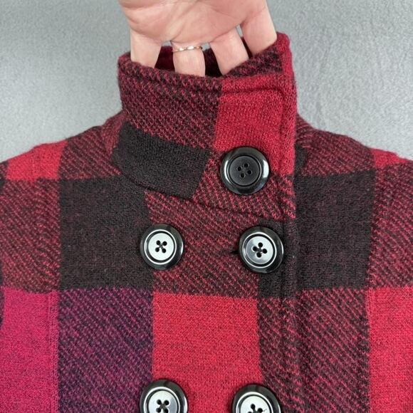 Keren Hart Coat Womens Large Red Black Buffalo Plaid Wool Peacoat Stand Collar - Picture 5 of 13